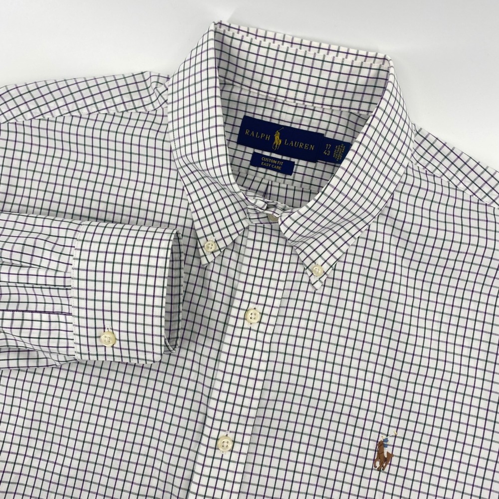 Ralph Lauren Button Down Mens 17 White Purple Green Plaid Custom Fit Easy‎ Care